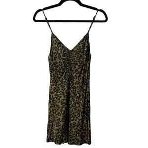 Zara XSmall XS Green Black Leopard Print Slip Mini Dress Cinched VNeck Animal